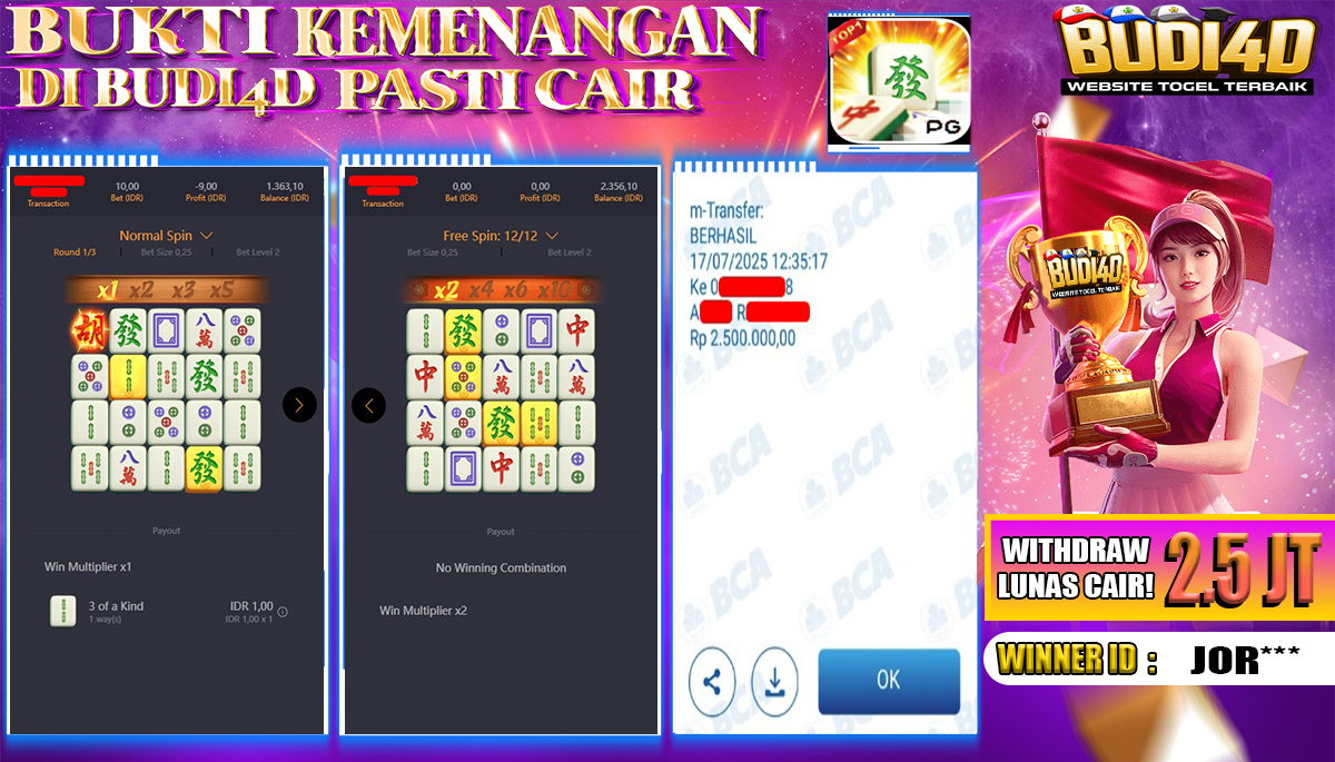 BUDI4D JACKPOT USERID: JOR**** SLOT PGSOFT MAHJONG WAYS Rp.2.500.000,- LUNAS